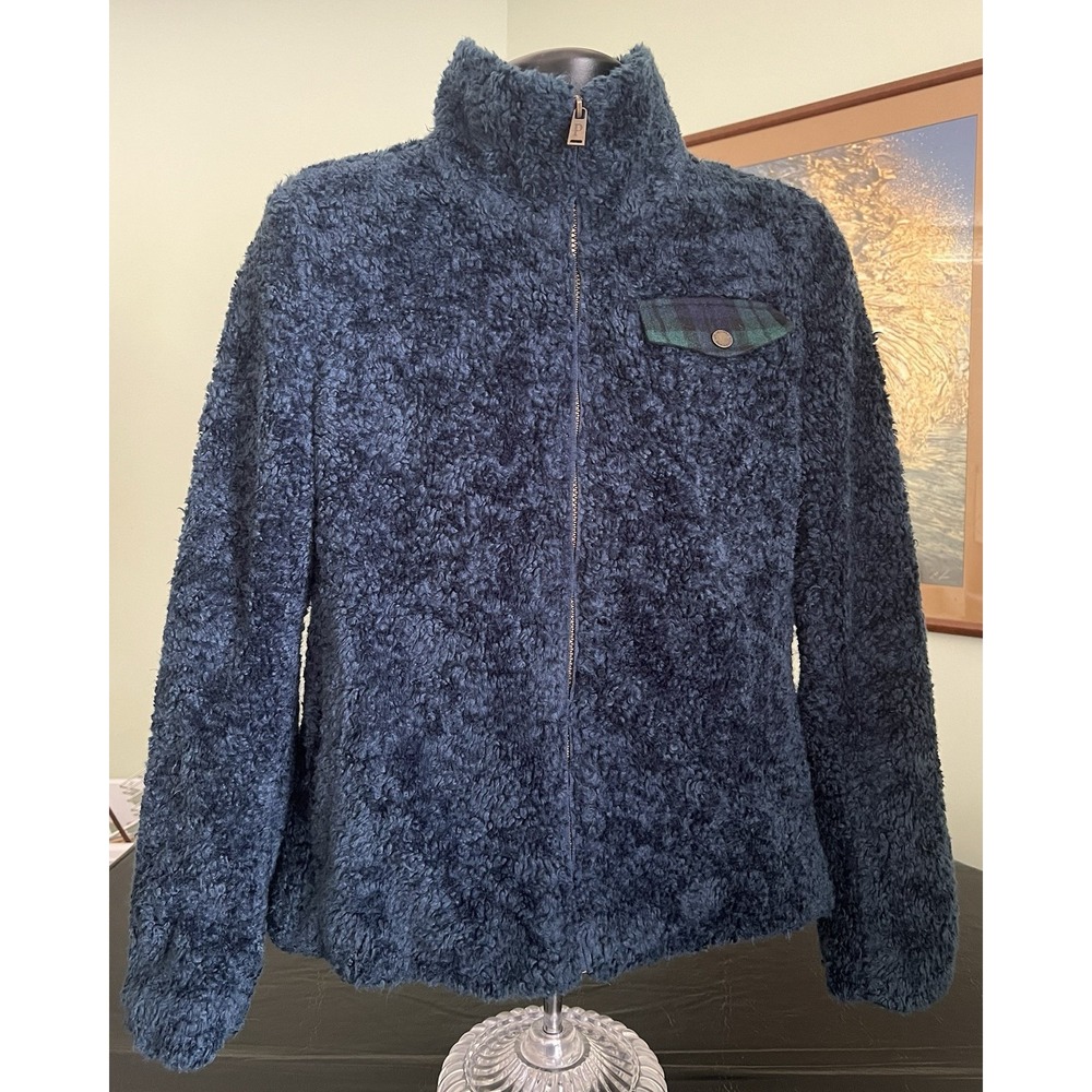 Pendleton Sherpa Fleece Jacket Womens M Blue Black Watch Plaid Full Zip Cozy